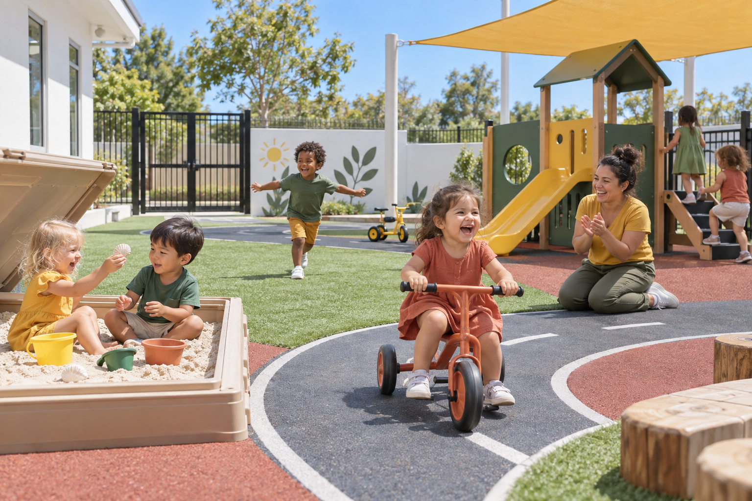Four children in coats and boots in a fenced yard on a bright morning: one on a tricycle, two digging, one running; a teacher at the edge with a hand shading her eyes