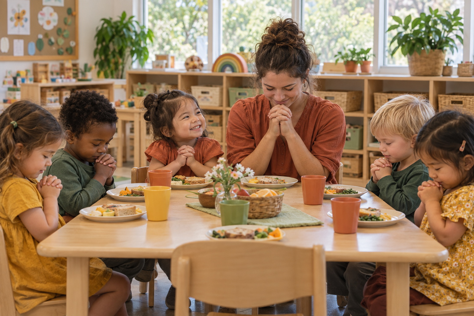 Six small children and a teacher at a low lunch table, heads bowed and hands folded, one child peeking sideways at the teacher with a huge smile