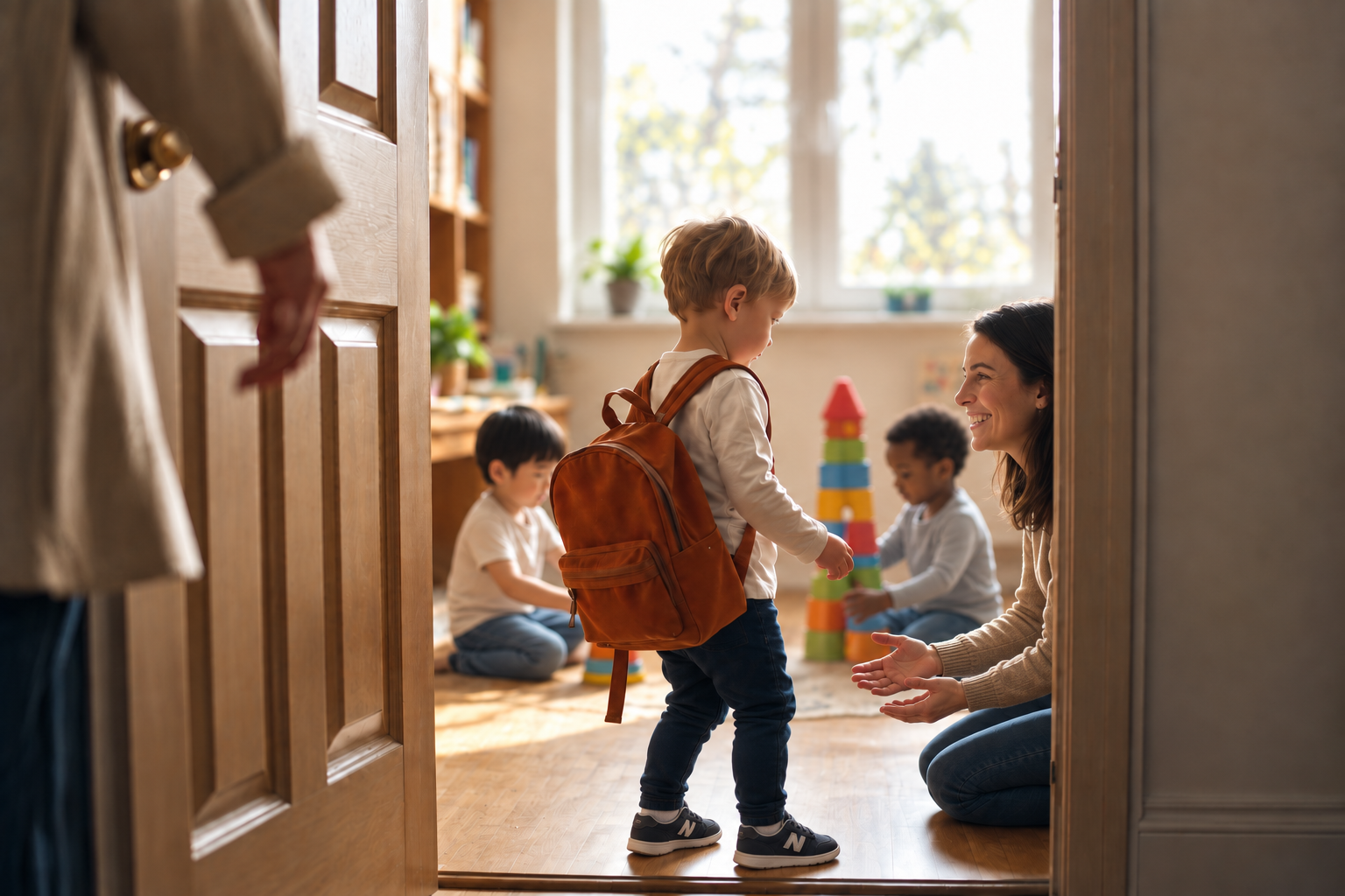 A three-year-old at the classroom door, already turning toward two children building a block tower by the window, a teacher kneeling at the child's height, a parent's hand letting go at the edge of the frame