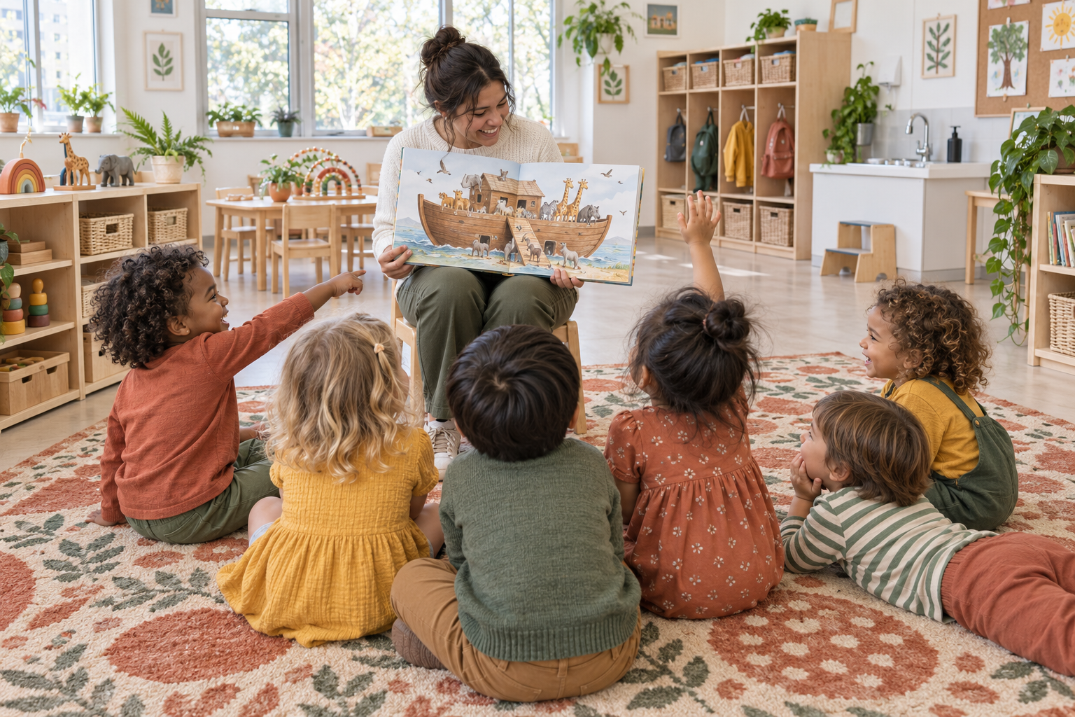 Six small children on a round rug, turned toward a teacher on a low stool holding a large open picture book showing an ark and pairs of animals; one child leans forward, one has a hand half-raised
