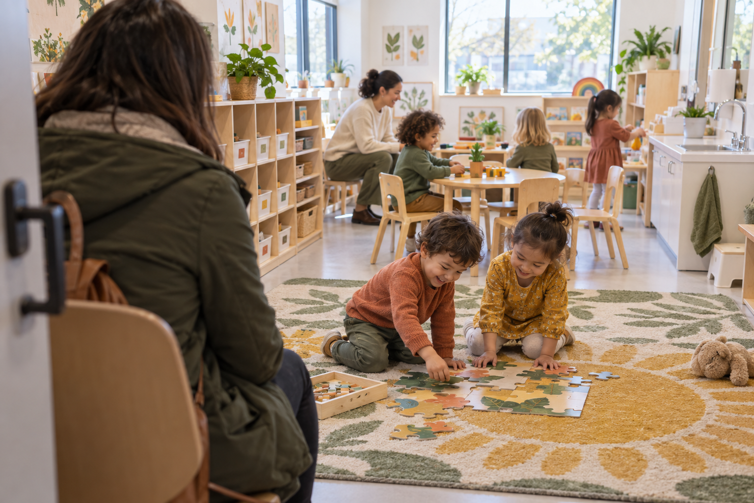 A parent in a coat sitting in a chair just beside an open classroom door, seen from behind; through the door their child crouches over a floor puzzle with another child, not looking back