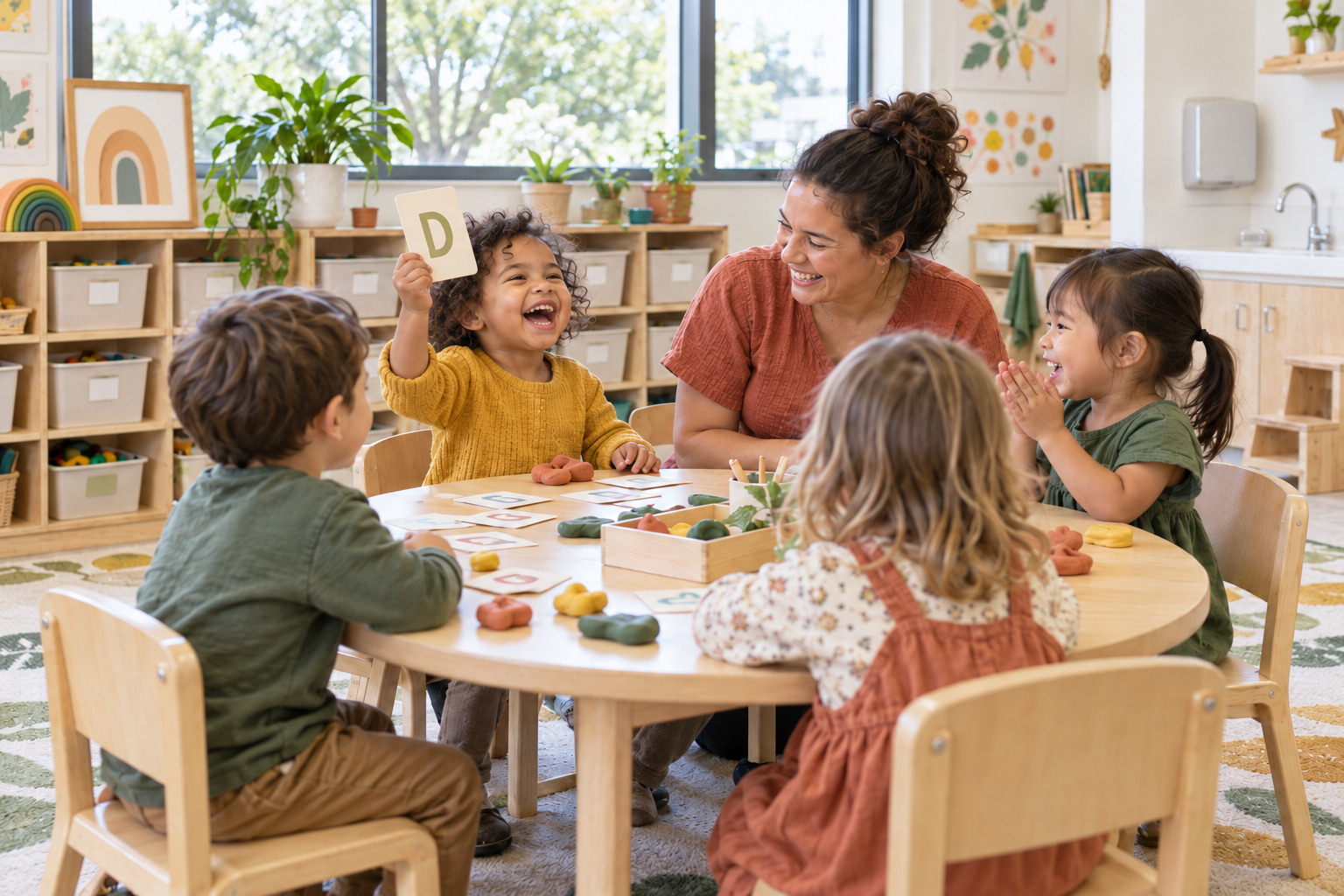 Four small children and a teacher around a low round table, one child holding up a letter card with total concentration, the teacher's finger resting near it